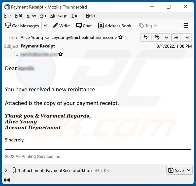 Please Find Attached Receipt-themed spam email (2022-08-02)