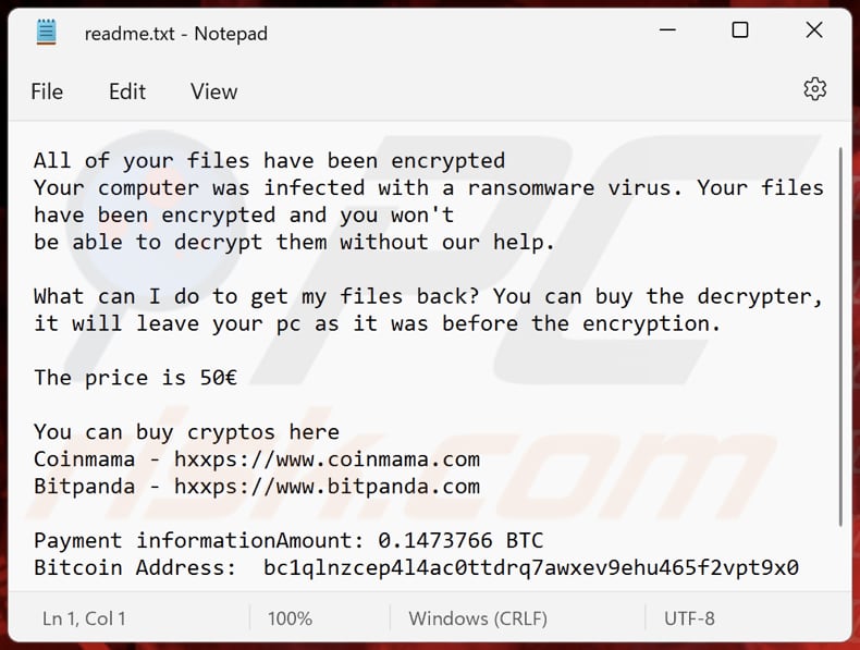 Ransomcrow ransomware text file (readme.txt)