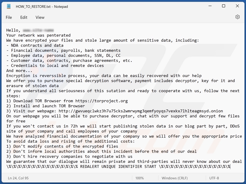 RedAlert (N13V) ransomware ransom-demanding message (HOW_TO_RESTORE.txt)