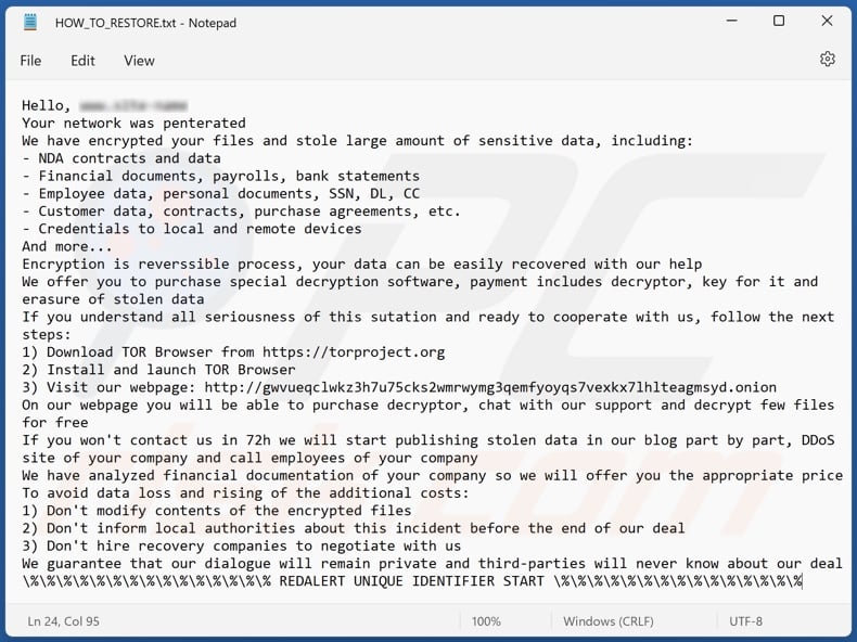 RedAlert (N13V) ransomware ransom-demanding message (HOW_TO_RESTORE.txt)