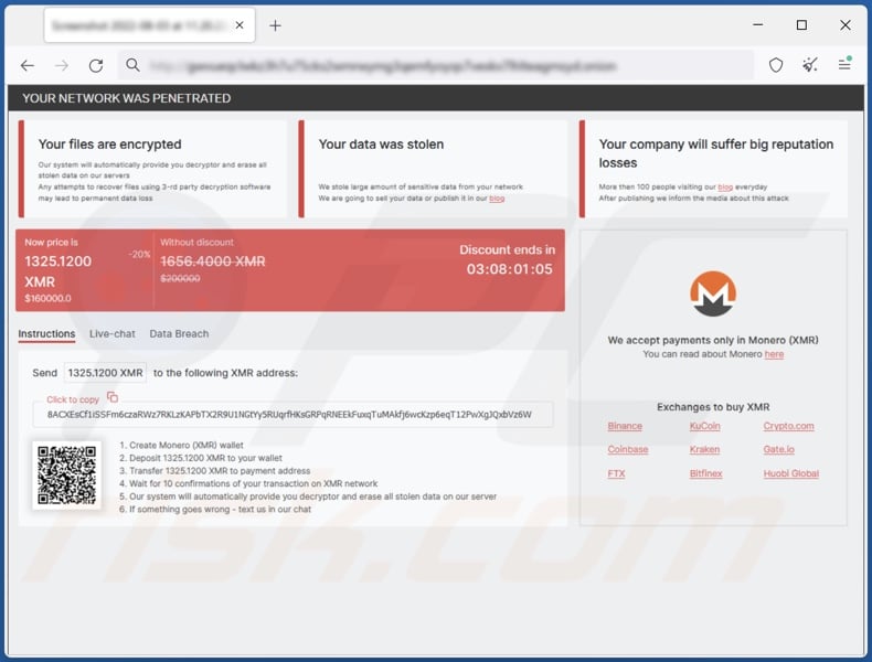 RedAlert (N13V) ransomware website for paying ransoms