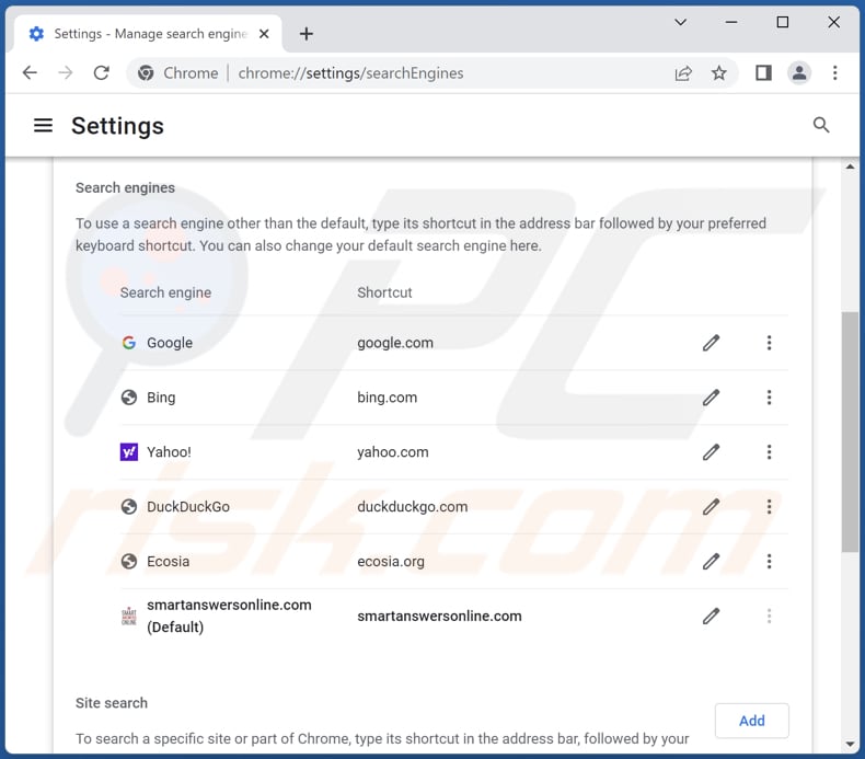 Removing smartanswersonline[.]com from Google Chrome default search engine