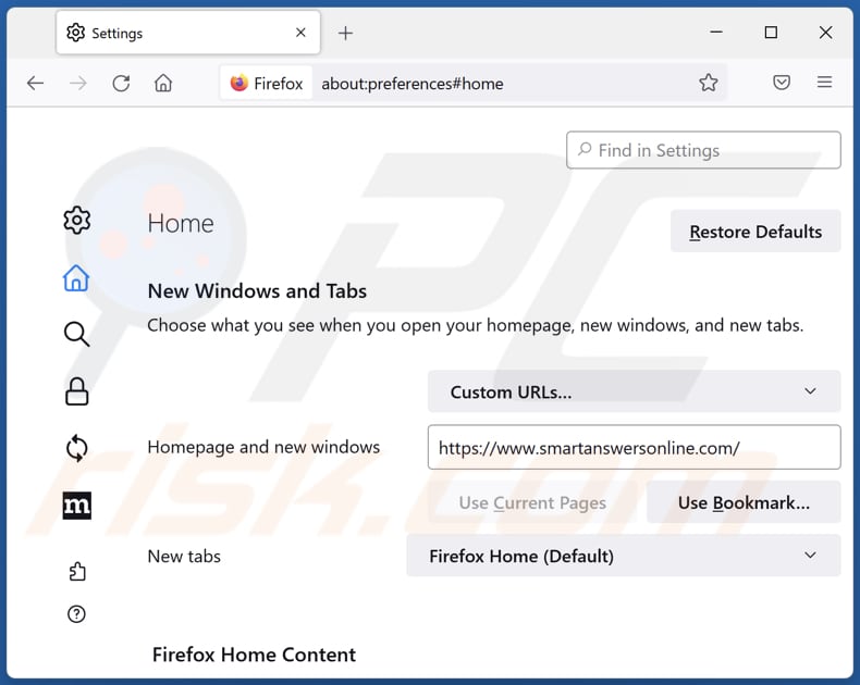 Removing smartanswersonline[.]com from Mozilla Firefox homepage