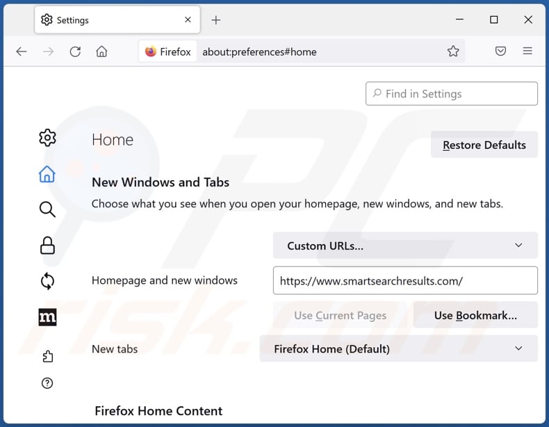 Removing smartsearchresults.com from Mozilla Firefox homepage