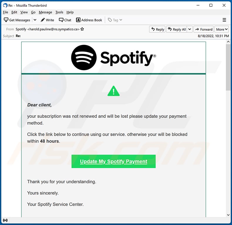 Spotify-themed spam email used to promote a scam website (2022-08-19)