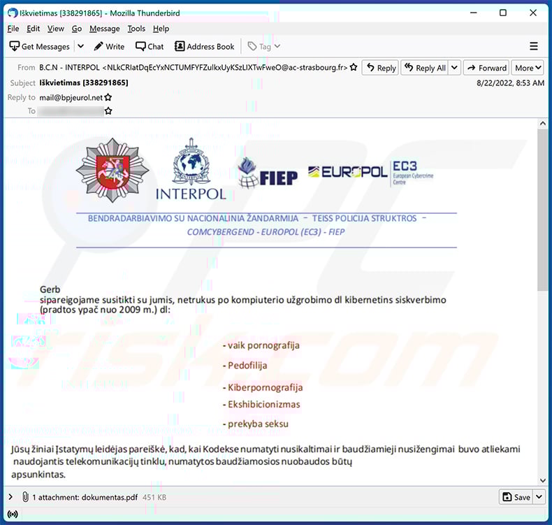 Summon To Court For Pedophilia scam email Lithuanian variant