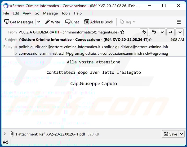 Summon To Court For Pedophilia Email Scam (Italian variant - 2022-08-26)