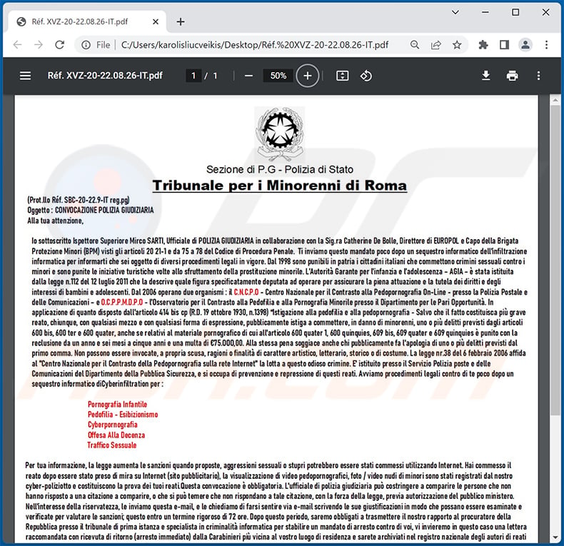 PDF document distributed via Summon To Court For Pedophilia scam email (Italian variant - 2022-08-26)