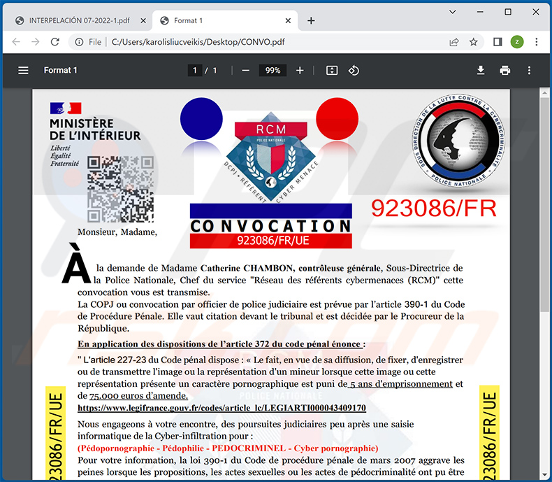 French PDF scam distributed using Summon To Court For Pedophilia spam emails (2022-08-30)