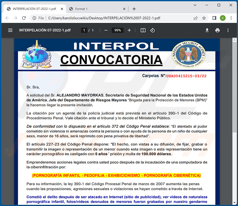 Spanish PDF scam distributed using Summon To Court For Pedophilia spam emails (2022-08-30)