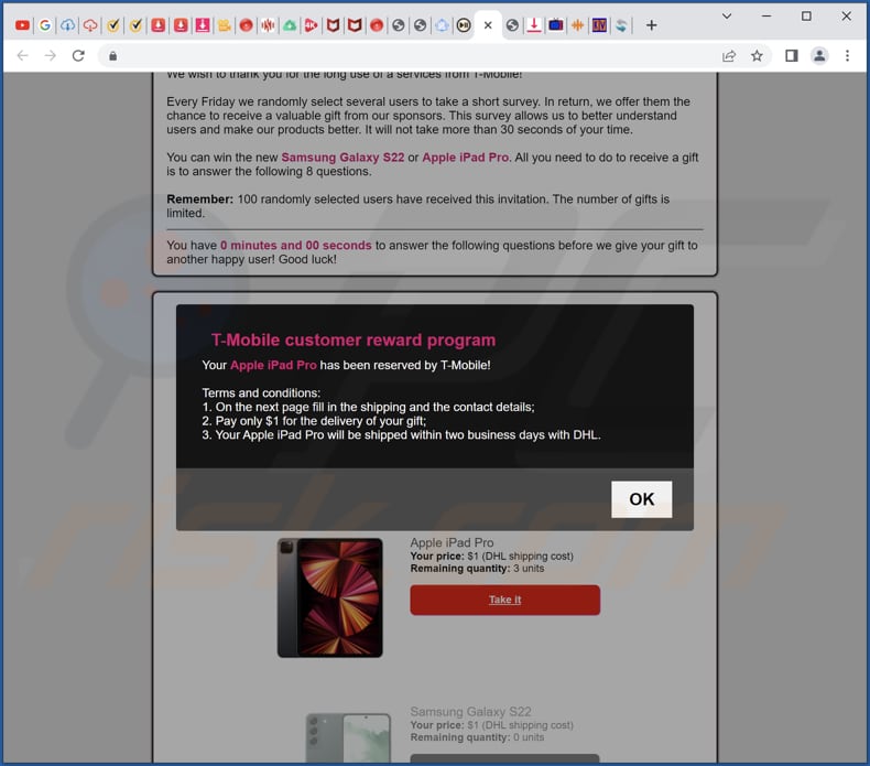 t-mobile customer reward program pop-up scam pop-up appearing after clicking the take it button