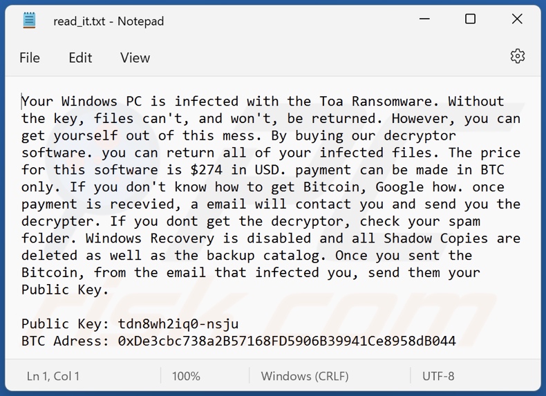 Toa ransomware ransom-demanding message (read_it.txt)