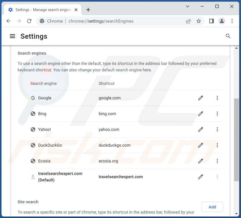 Removing travelsearchexpert.com from Google Chrome default search engine
