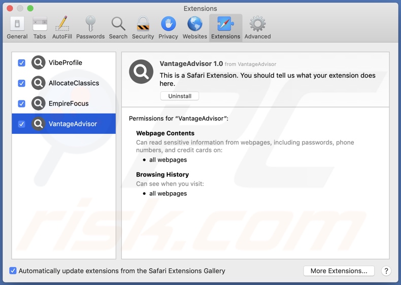 VantageAdvisor adware installed onto Safari