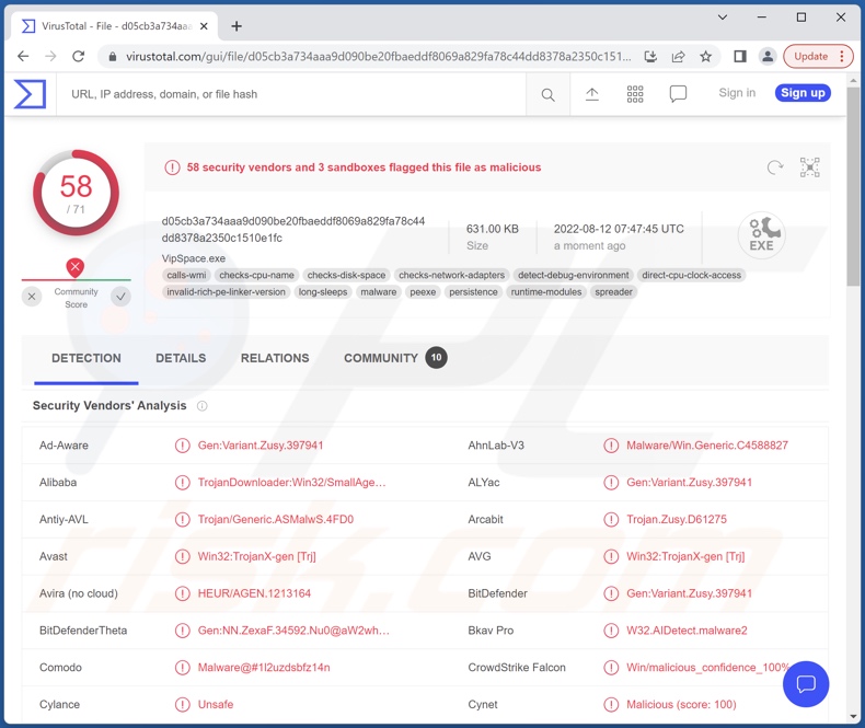 VIPSpace malware detections on VirusTotal