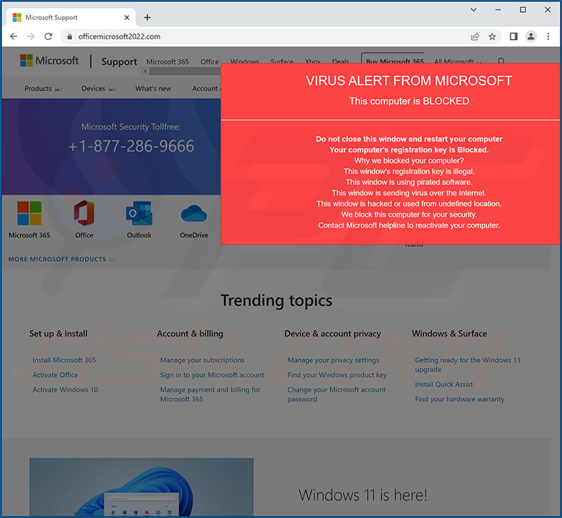 VIRUS ALERT FROM MICROSOFT pop-up scam (2022-08-04)