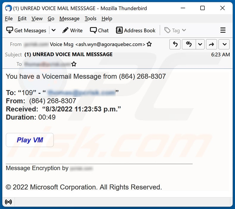 Voicemail-themed spam email used to promote a phishing site (2022-08-04)