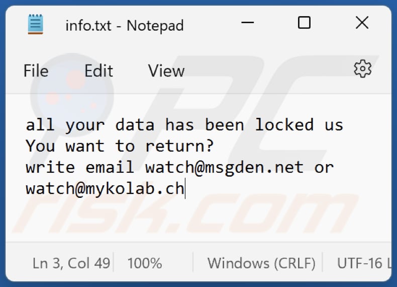 watch ransomware ransom note txt file (info.txt)