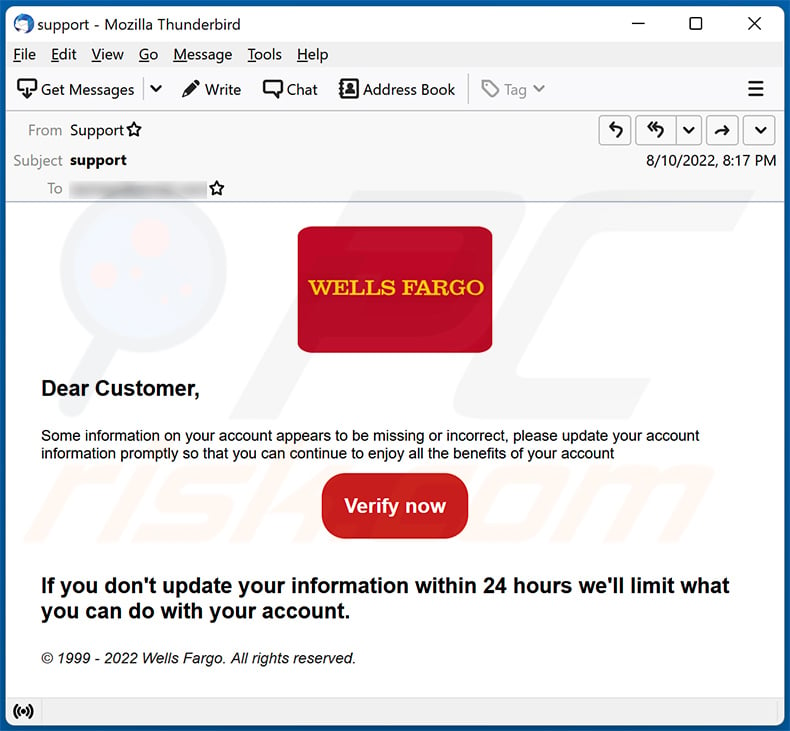 Wells Fargo-themed spam email (2022-08-18)