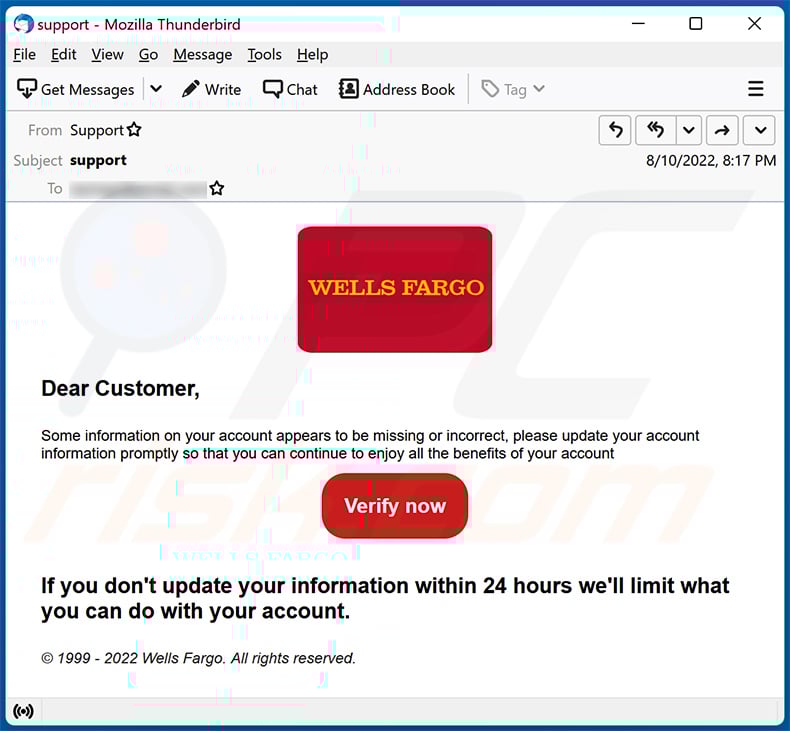 Wells Fargo-themed spam email (2022-08-18)
