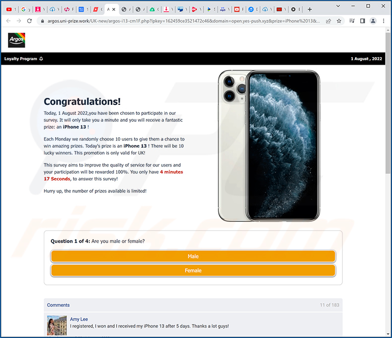 Win A New iPhone 13 pop-up scam (2022-08-02)
