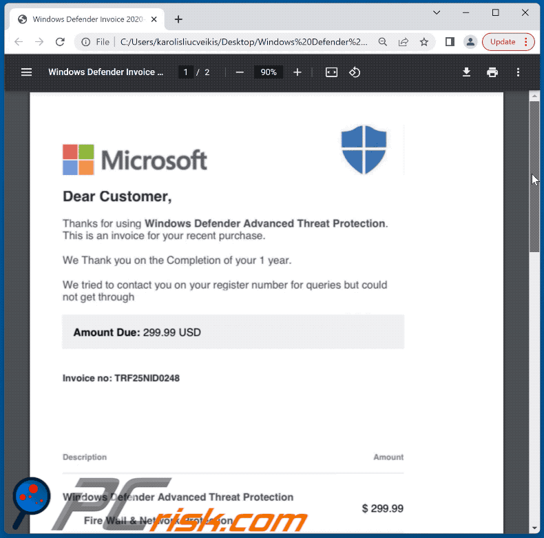 Scam PDF document distributed using Windows Defender Subscription-themed spam emails