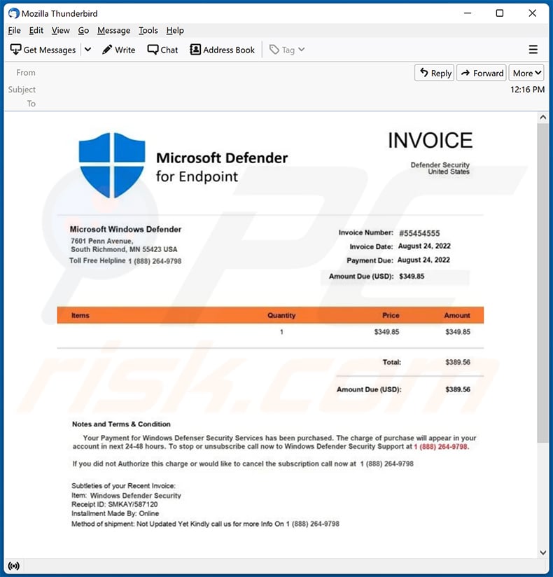 Windows Defender Subscription scam email (2022-08-25)