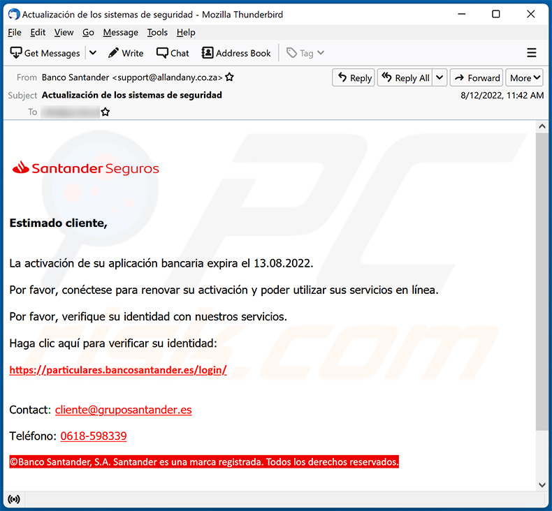Santander Seguros email scam