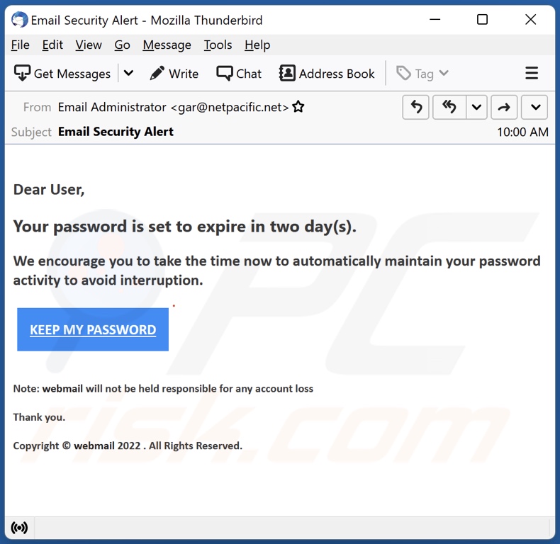 Your Password Is Set To Expire email spam campaign