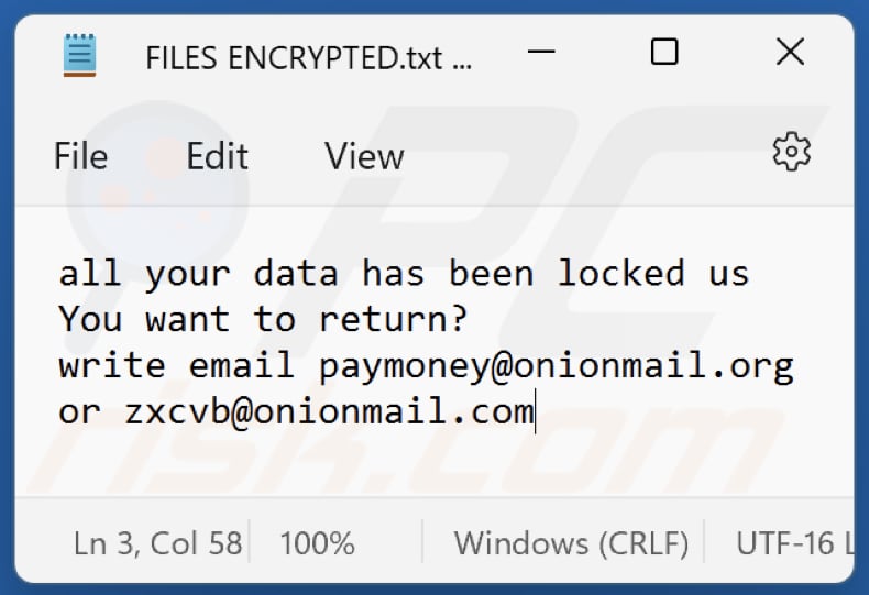 Zxcvb ransomware text file (FILES ENCRYPTED.txt)