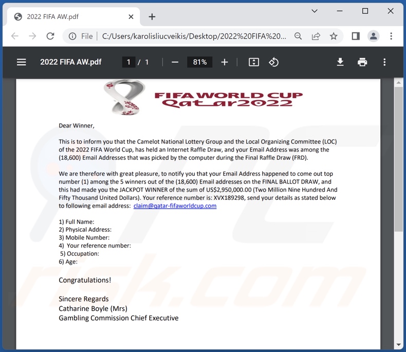 2022 FIFA Lottery Award scam email attachment (2022 FIFA AQ.pdf)