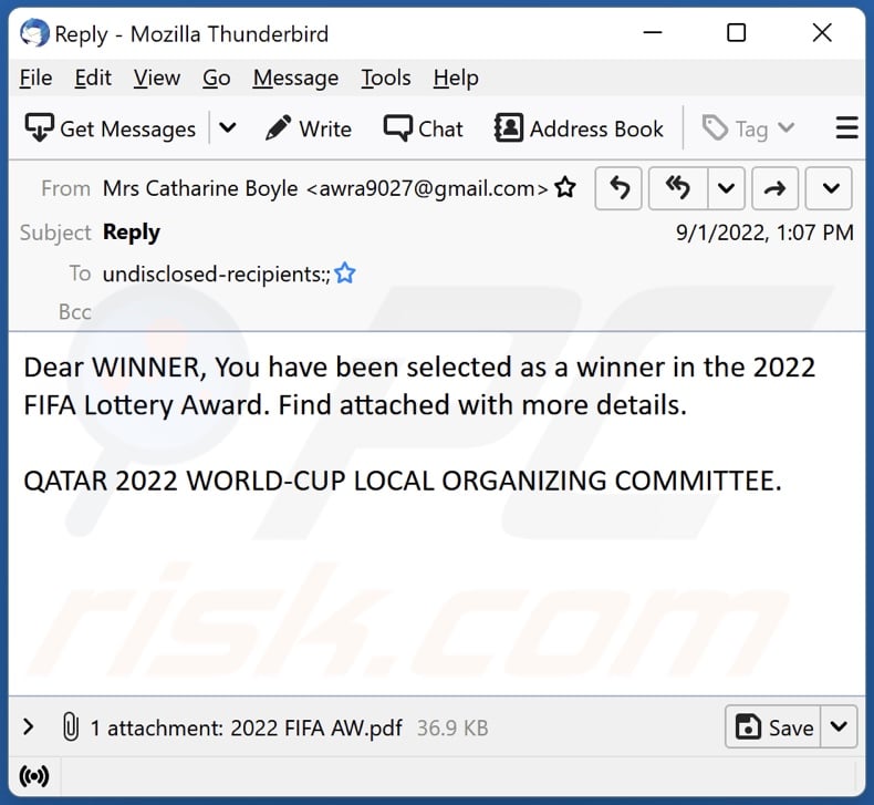 2022 FIFA Lottery Award email spam campaign