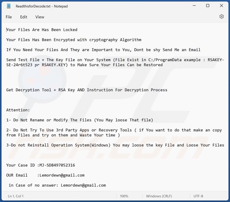Ballacks ransomware ransom-demanding message (ReadthisforDecode.txt)