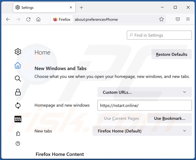 Removing nstart.online from Mozilla Firefox homepage