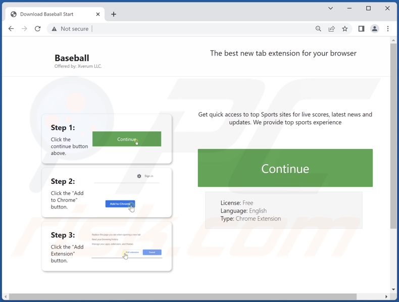 Website used to promote Baseball Start browser hijacker