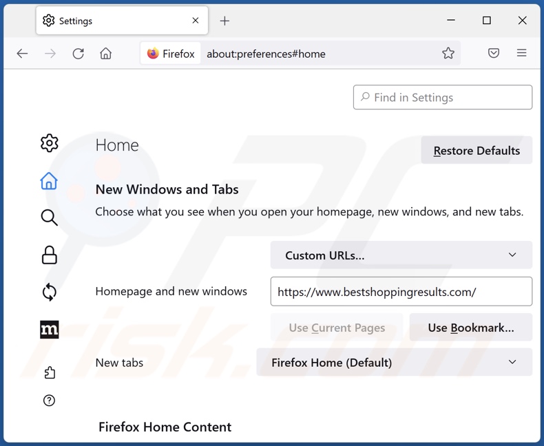 Removing bestshoppingresults.com from Mozilla Firefox homepage