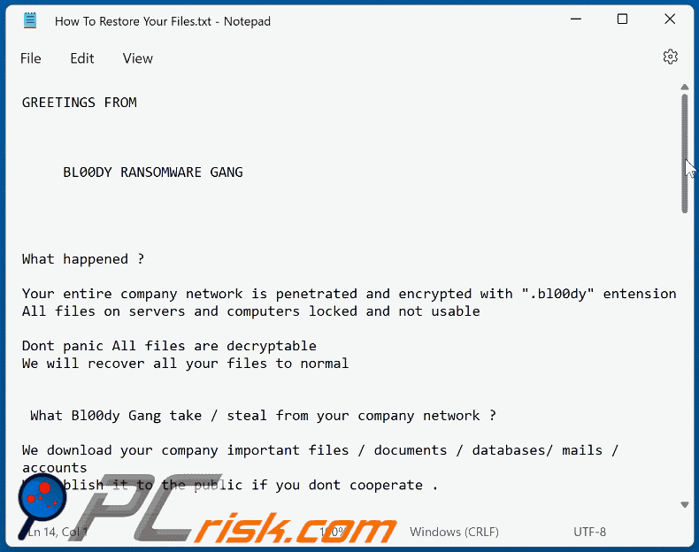Bl00dy ransomware ransom-demanding message (How To Restore Your Files.txt) GIF