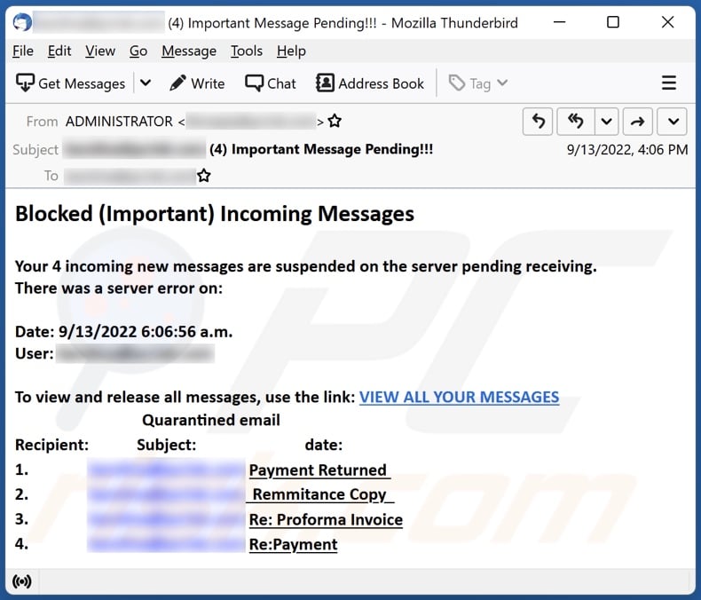 Blocked (Important) Incoming Messages email spam campaign