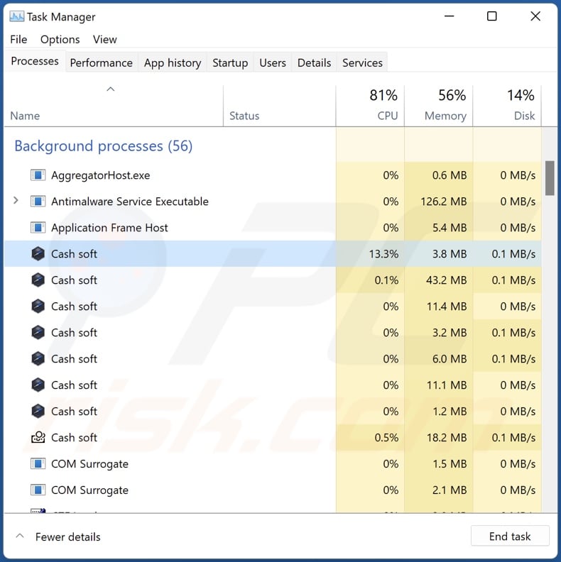 Cash adware process on Task Manager (Cash soft - process name)