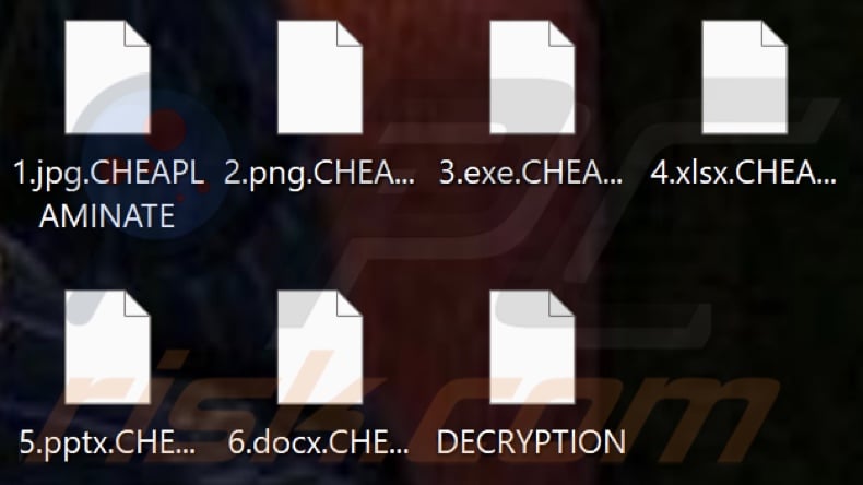 Files encrypted by CHEAPLAMINATE ransomware (.CHEAPLAMINATE extension)