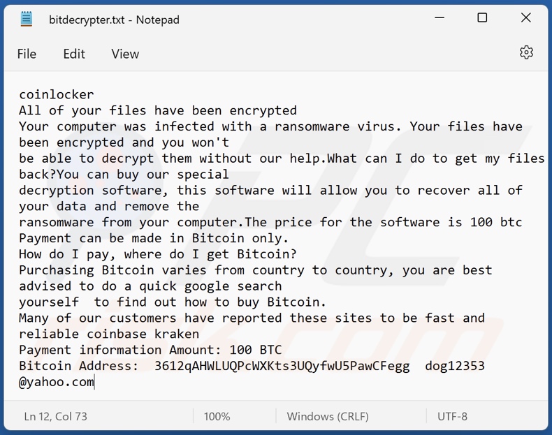 Coinlocker ransomware ransom-demanding message (bitdecrypter.txt)