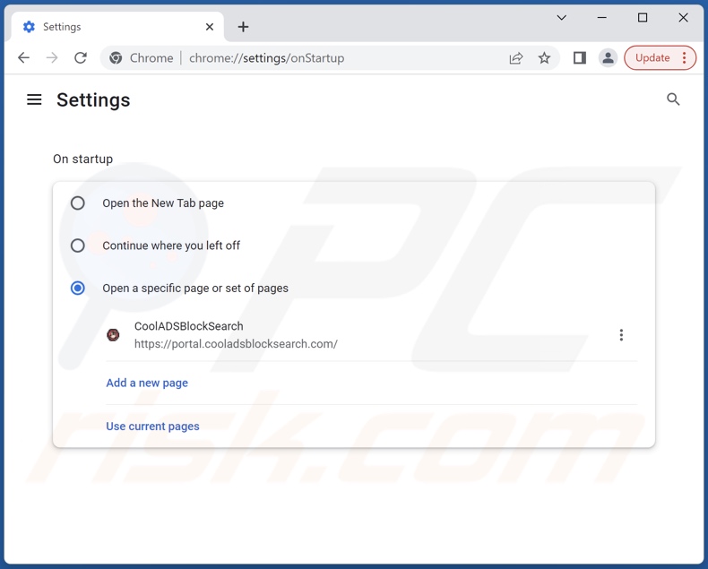 Removing cooladsblocksearch.com from Google Chrome homepage