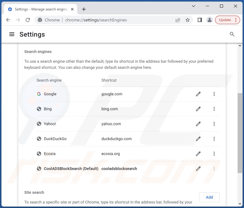 Removing cooladsblocksearch.com from Google Chrome default search engine