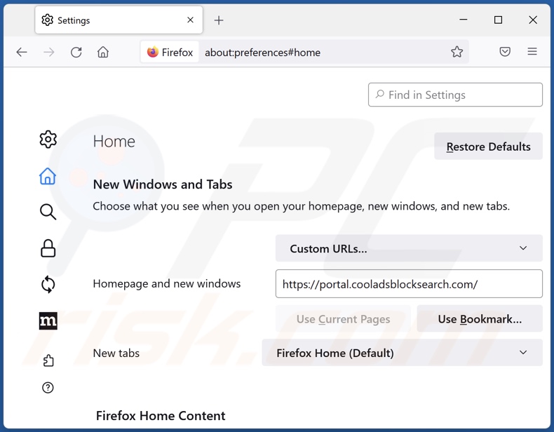 Removing cooladsblocksearch.com from Mozilla Firefox homepage