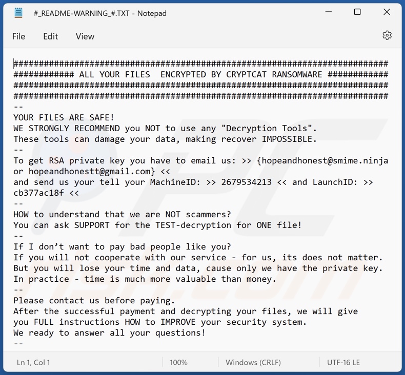 CRYPTCAT ransomware ransom-demanding message (#_README-WARNING_#.TXT)