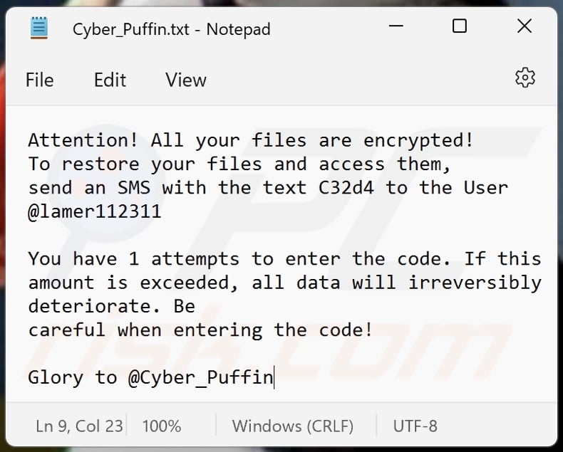 Cyber_Puffin ransomware ransom note (Cyber_Puffin.txt)