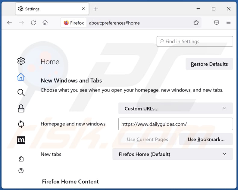 Removing dailyguides.com from Mozilla Firefox homepage