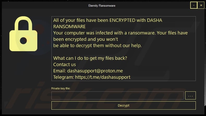 DASHA ransomware ransom-demanding message (pop-up)