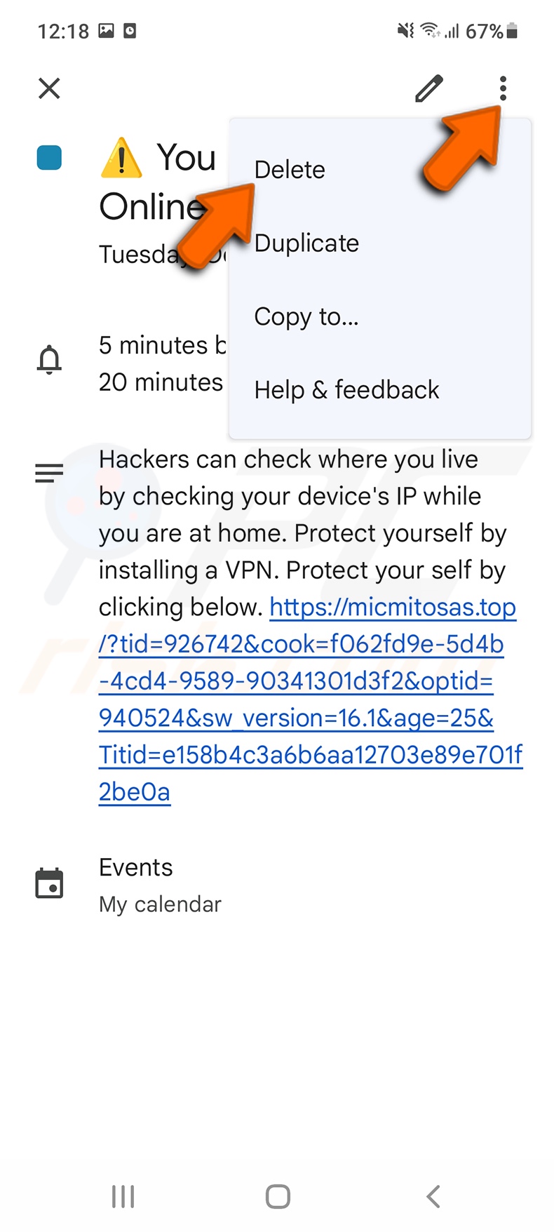 Deceptive calendar events removal (Google Calendar)