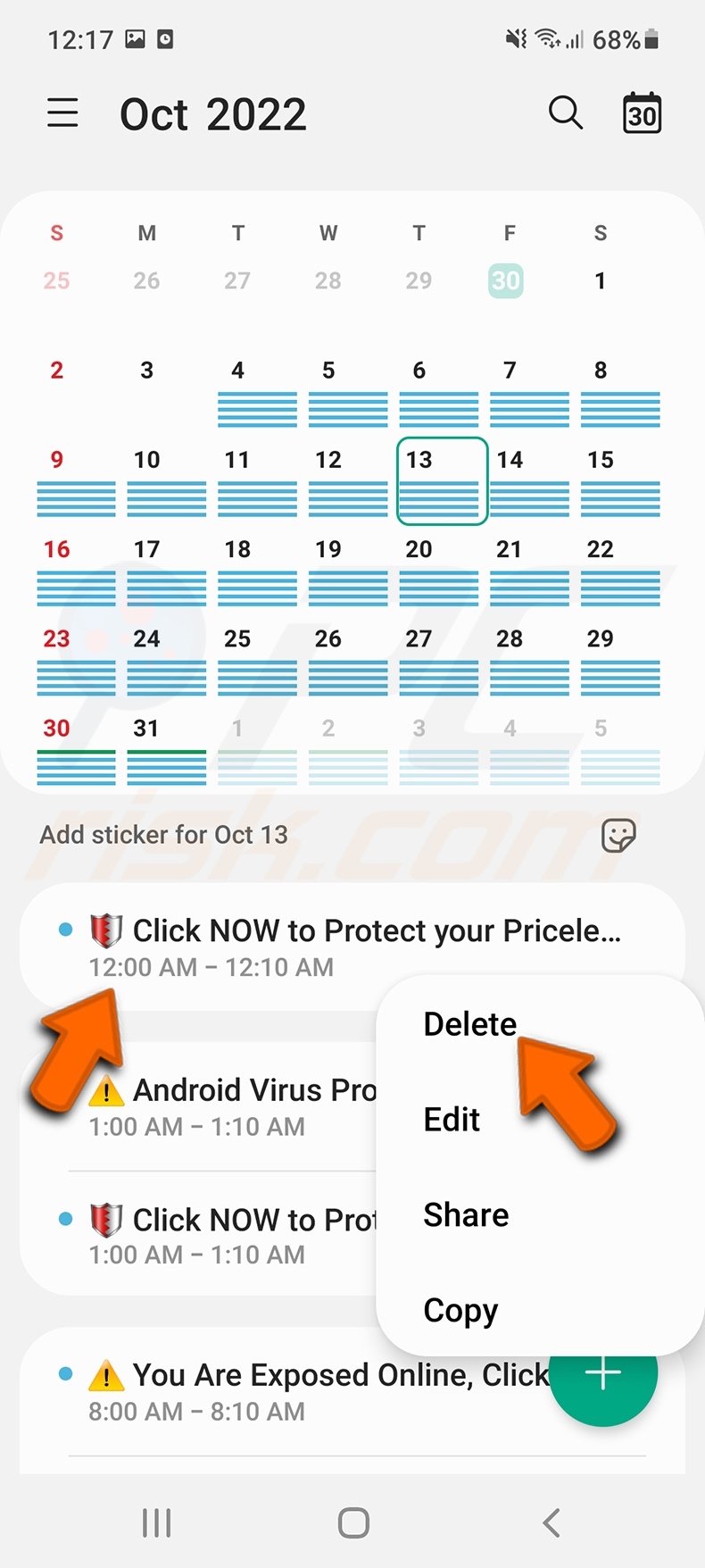 Deceptive calendar events removal (Samsung Calendar)